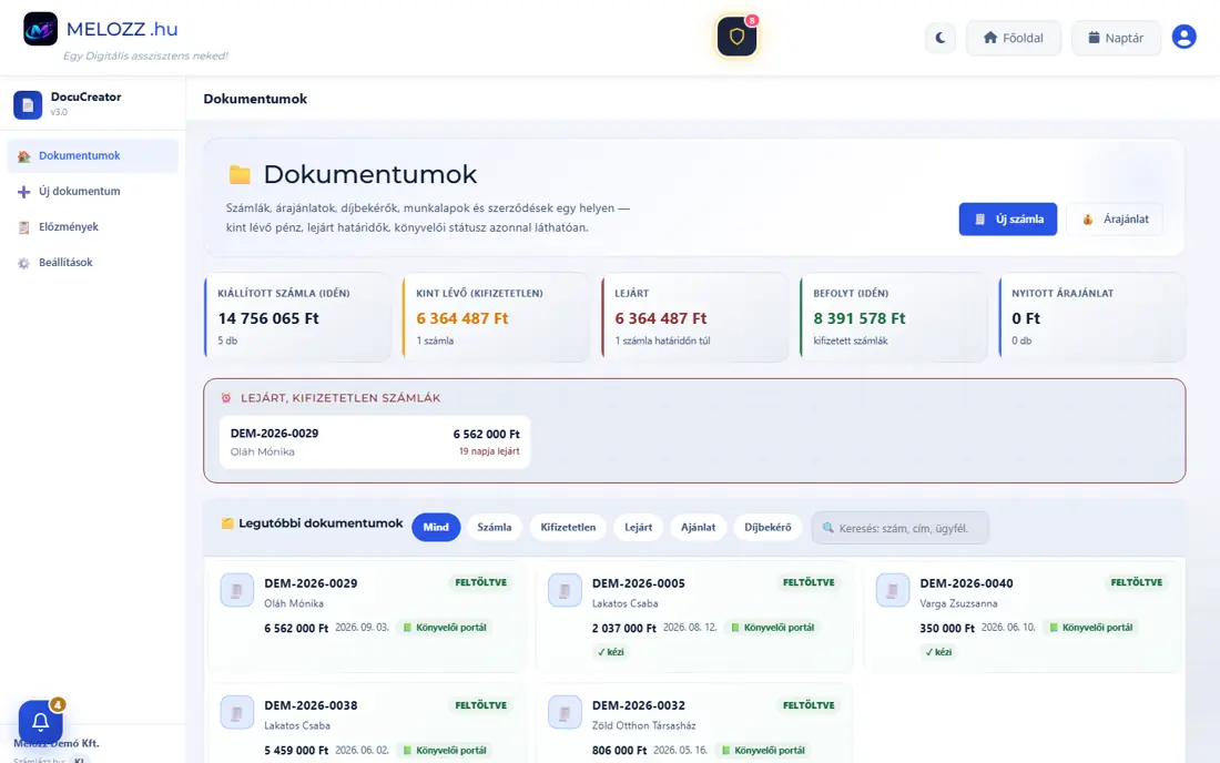 Dokumentumok: kiállított, kint lévő és lejárt számlák